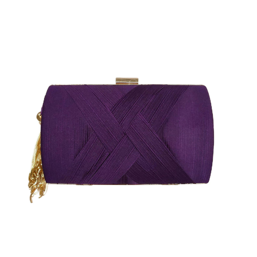 Woven Satin Hard Case Tassel Clutch - Purple