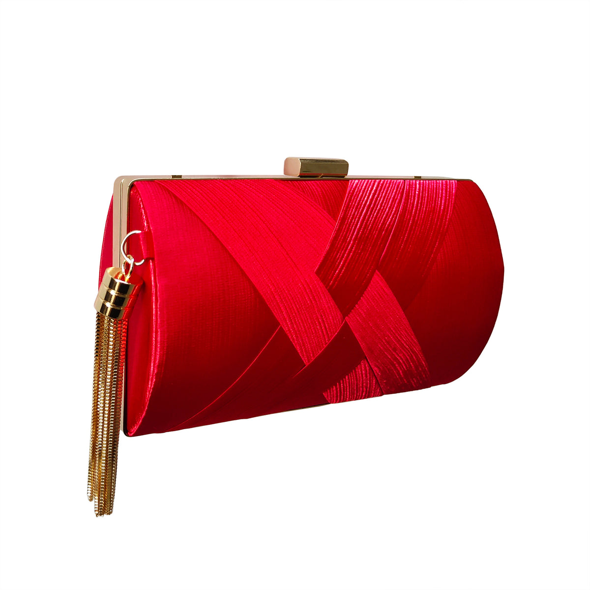Woven Satin Hard Case Tassel Clutch - Red