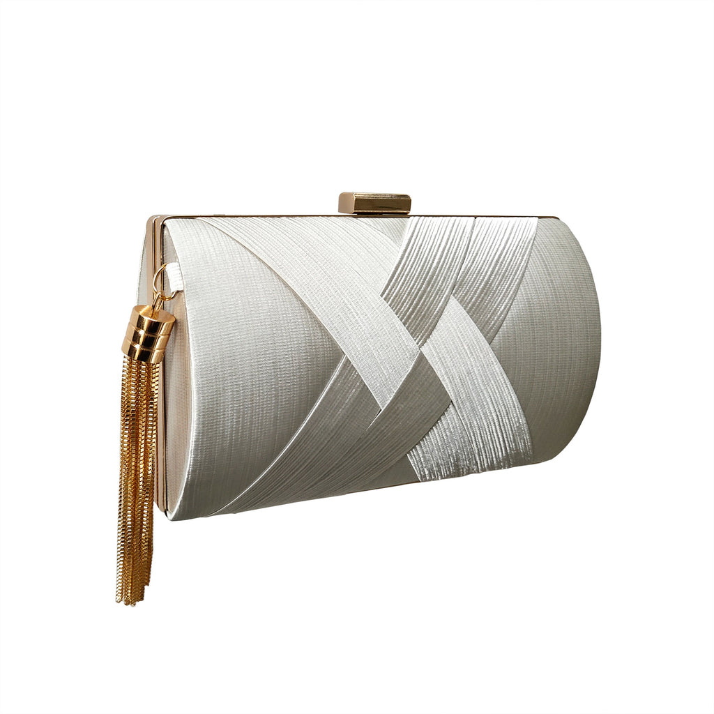 Woven Satin Hard Case Tassel Clutch - Silver