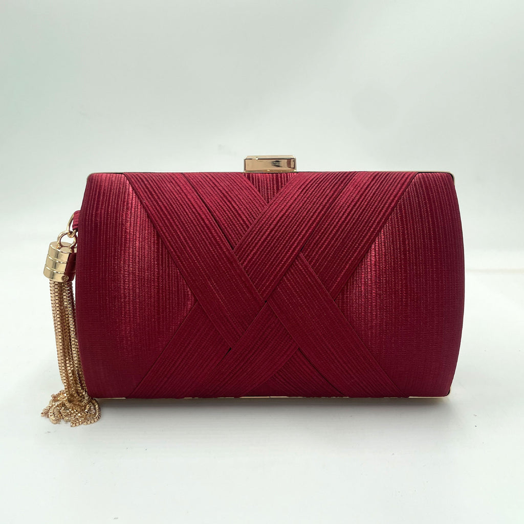 Woven Satin Hard Case Tassel Clutch - Wine_Red