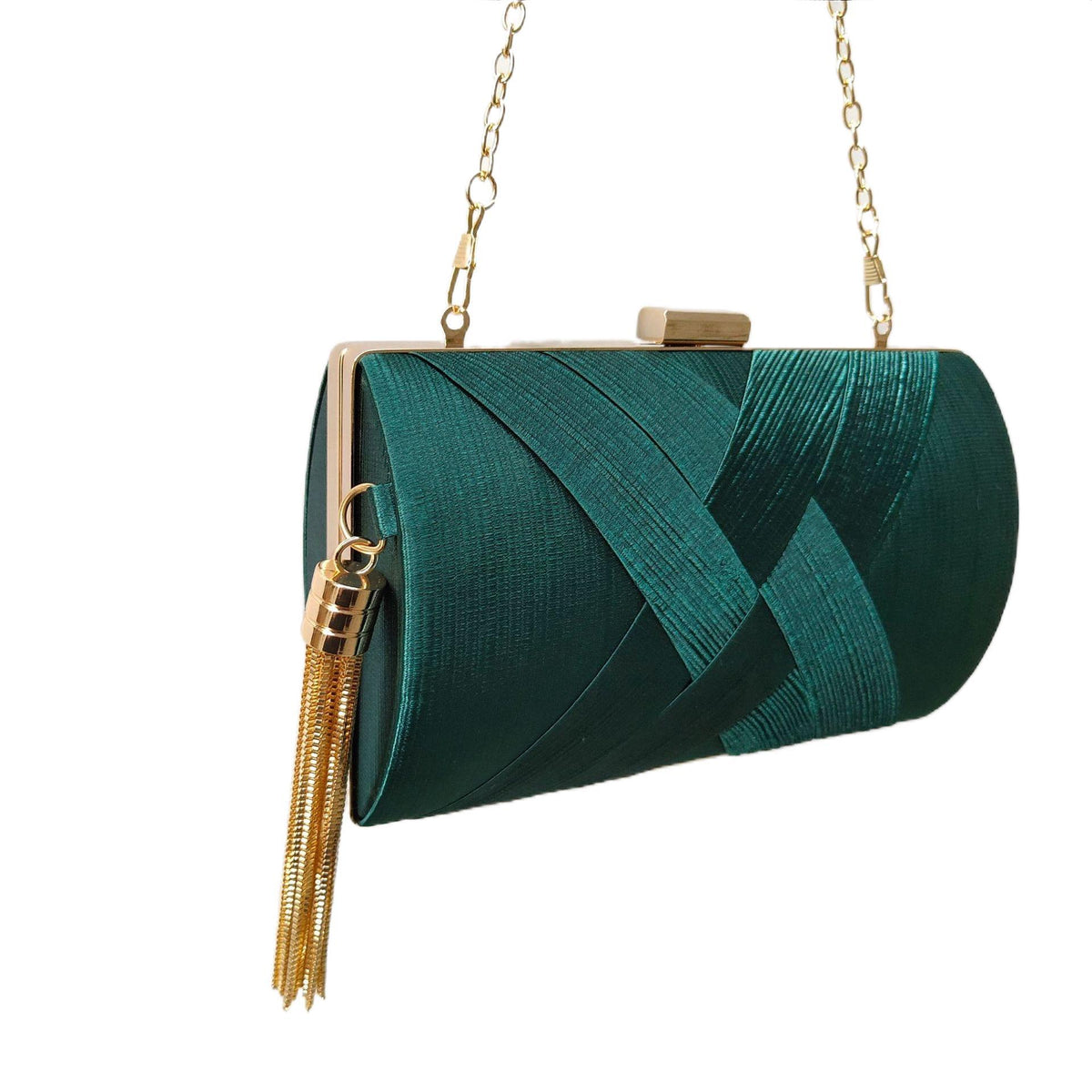 Woven Satin Hard Case Tassel Clutch