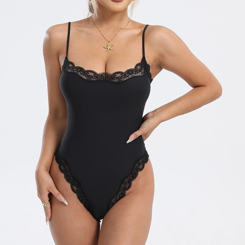 Lace Trim Square Neck Sculpting Bodysuit