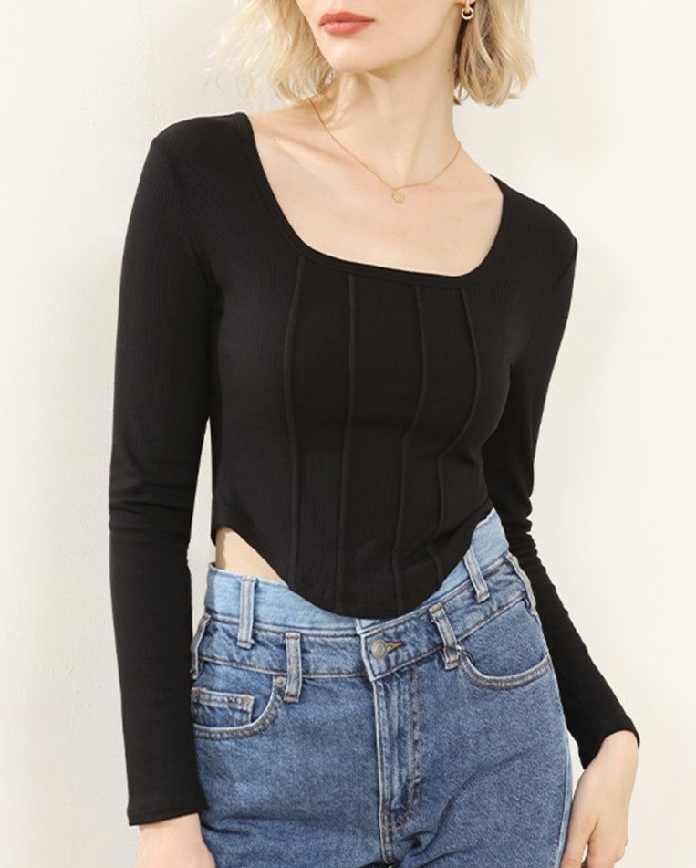 Square Neck Corset Seam Cropped Top - Black