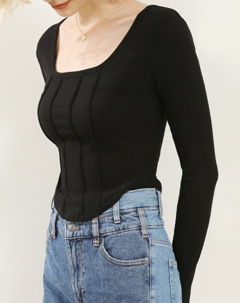 Square Neck Corset Seam Cropped Top - Black - 2