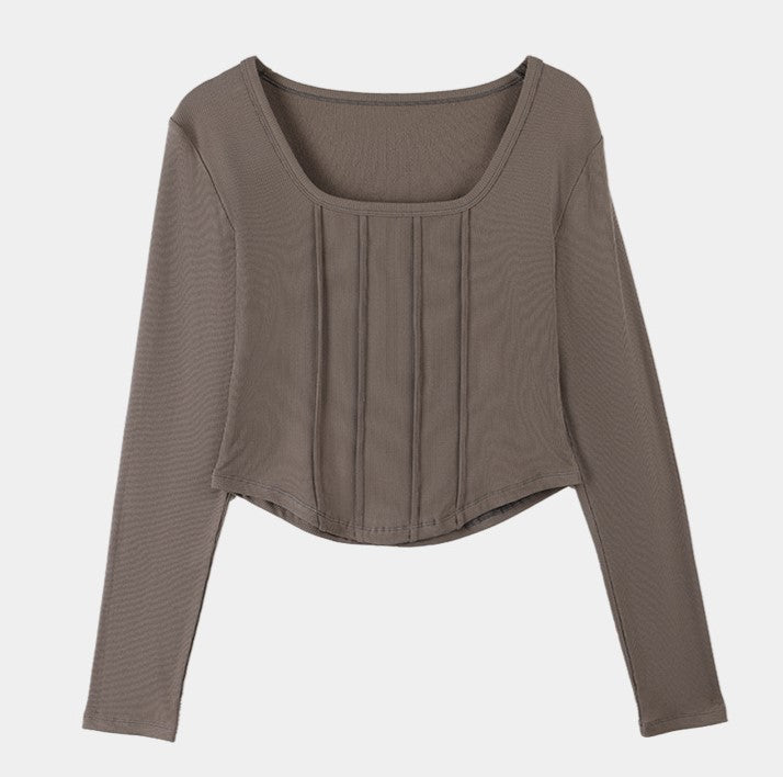 Square Neck Corset Seam Cropped Top - Khaki