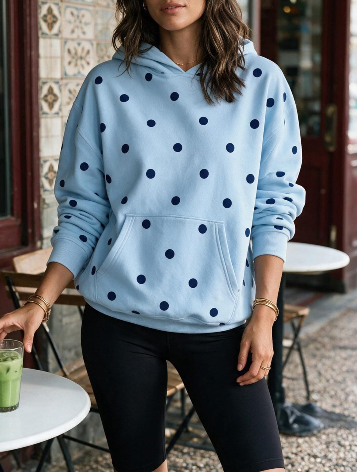 Dotted Drop Shoulder Hoodie Sweatshirt - Blue