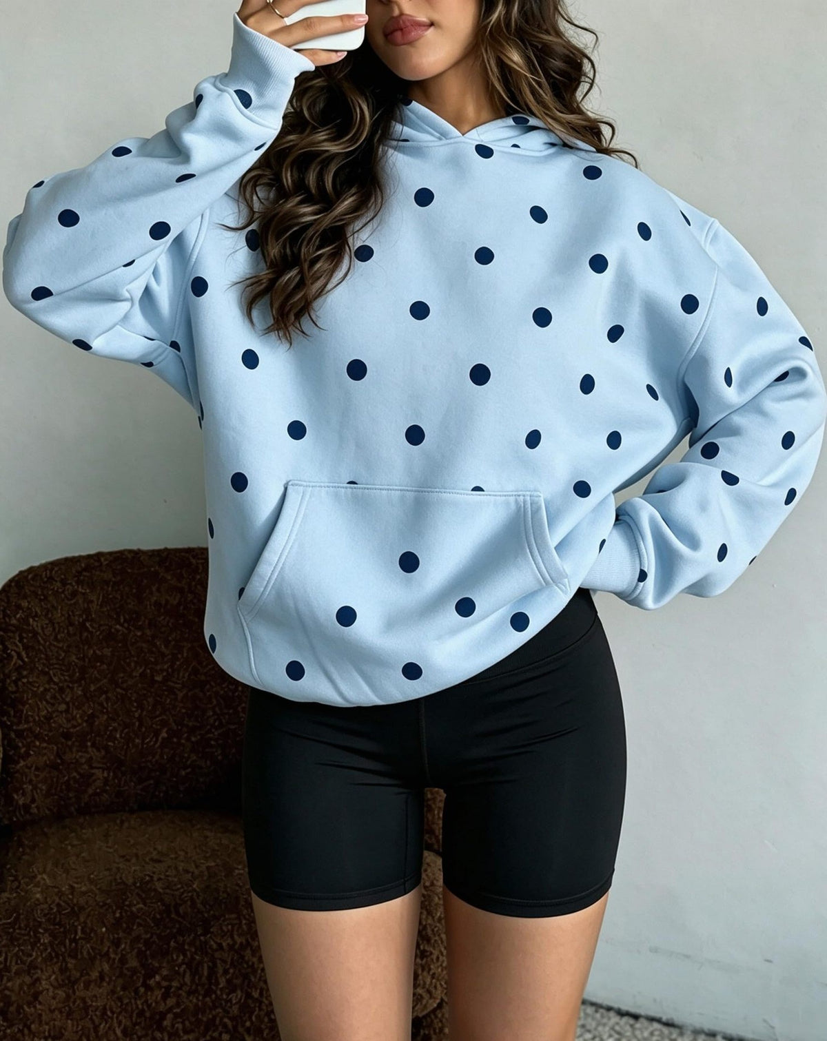 Dotted Drop Shoulder Hoodie Sweatshirt - Blue - 1