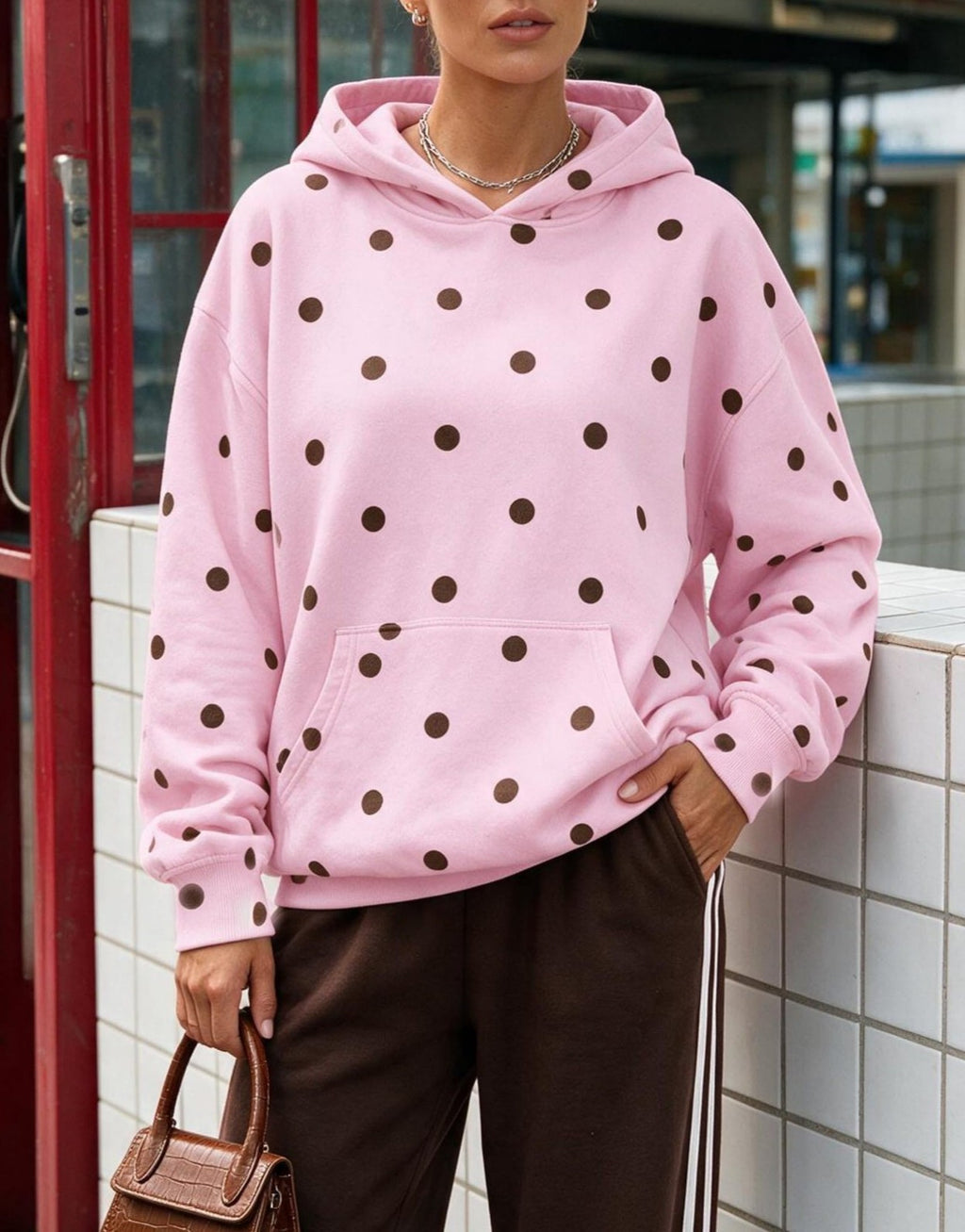 Dotted Drop Shoulder Hoodie Sweatshirt - Pink