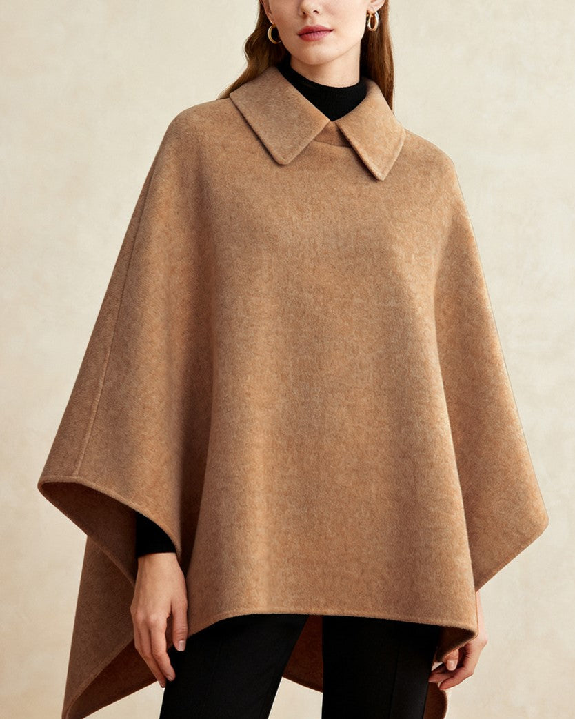 Collared Wool Blend Cape Poncho - Camel