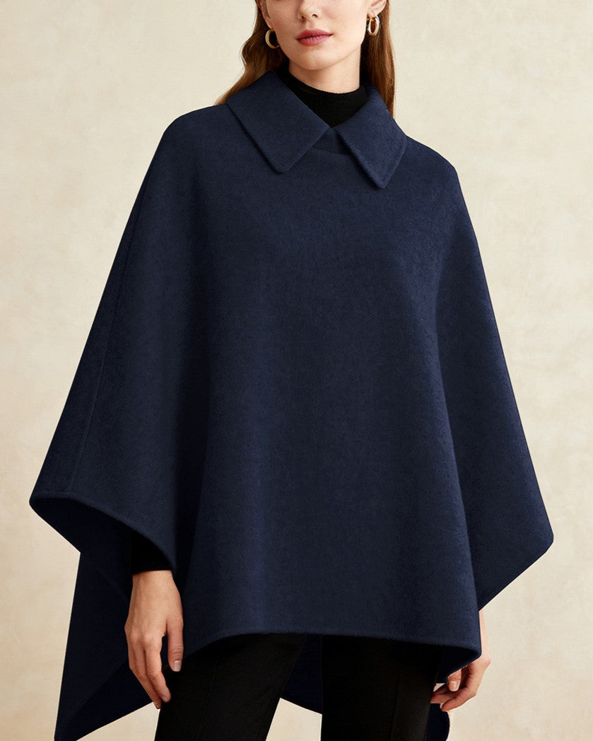 Collared Wool Blend Cape Poncho - DarkBlue
