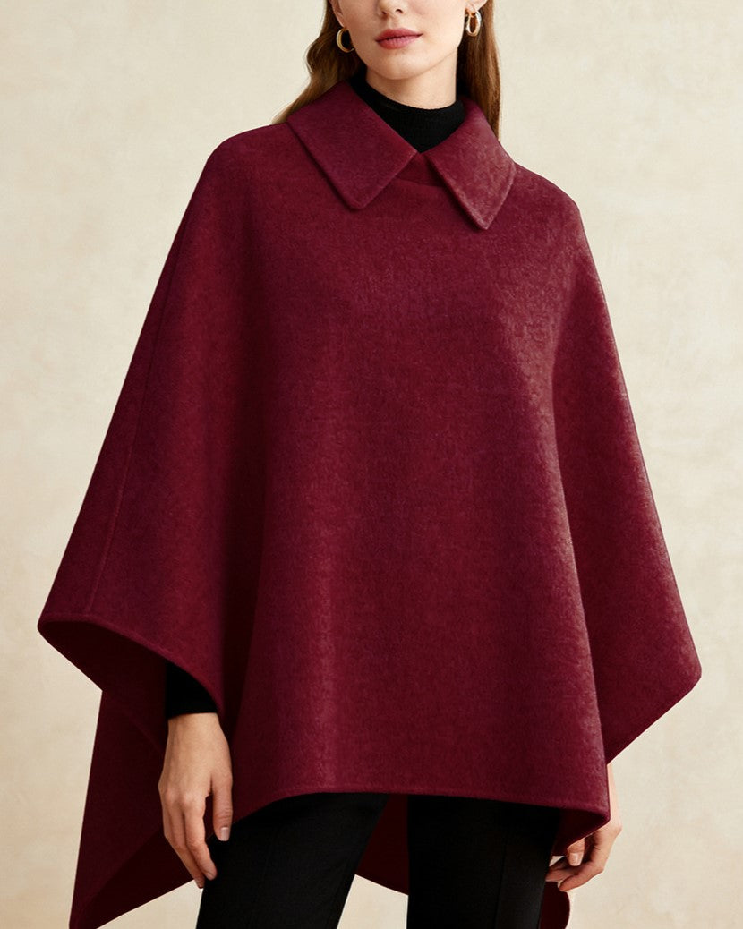 Collared Wool Blend Cape Poncho - Wine