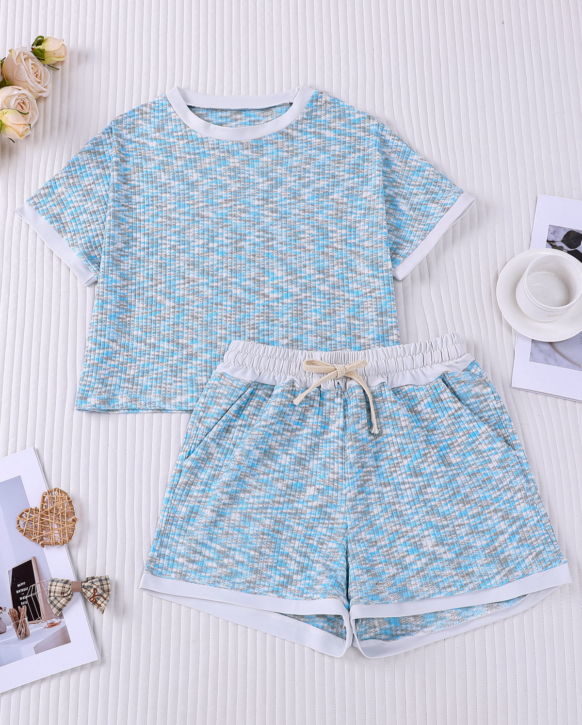 Space Dye Crop Tee And Shorts Set - Blue - 1