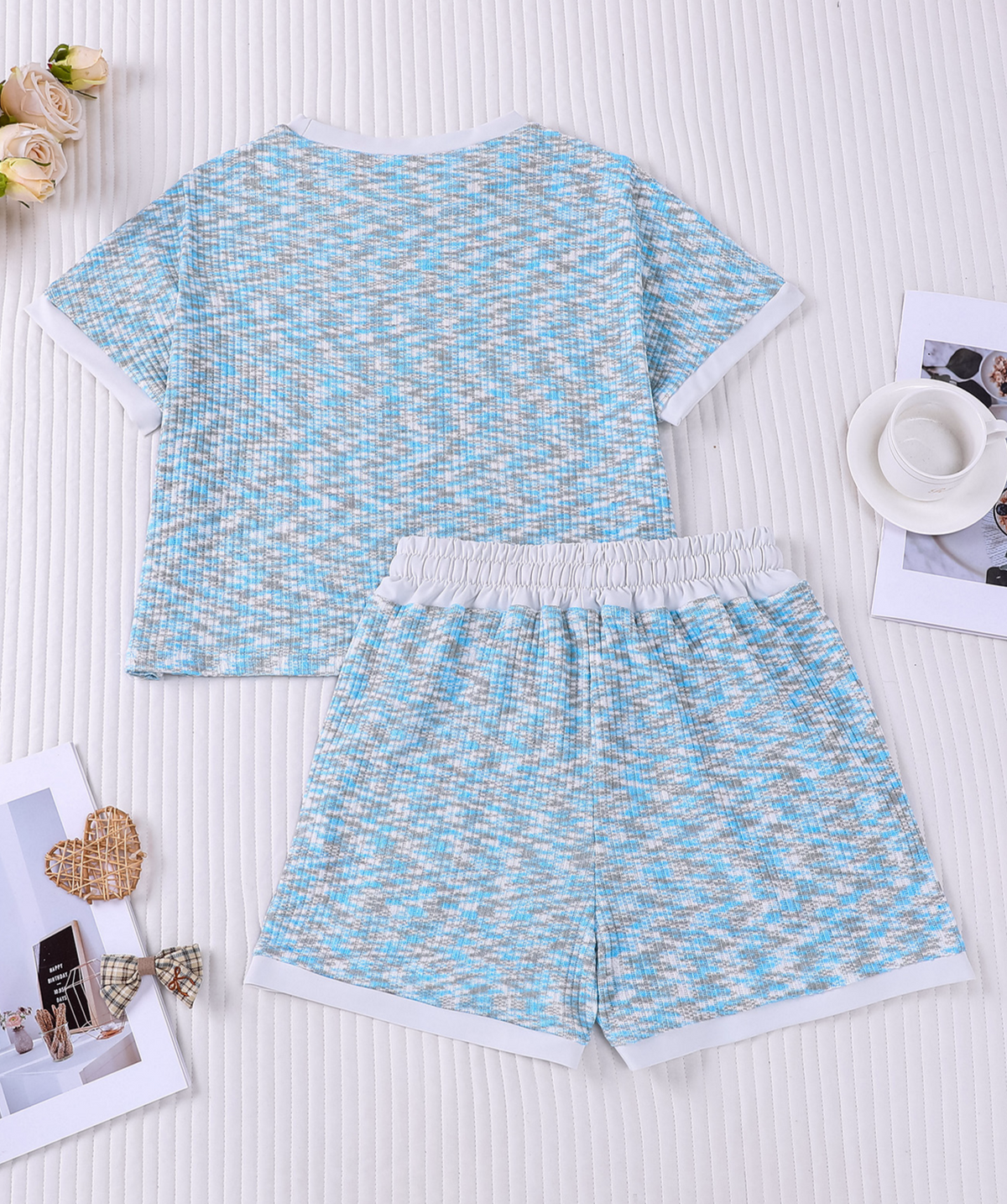 Space Dye Crop Tee And Shorts Set - Blue - 2
