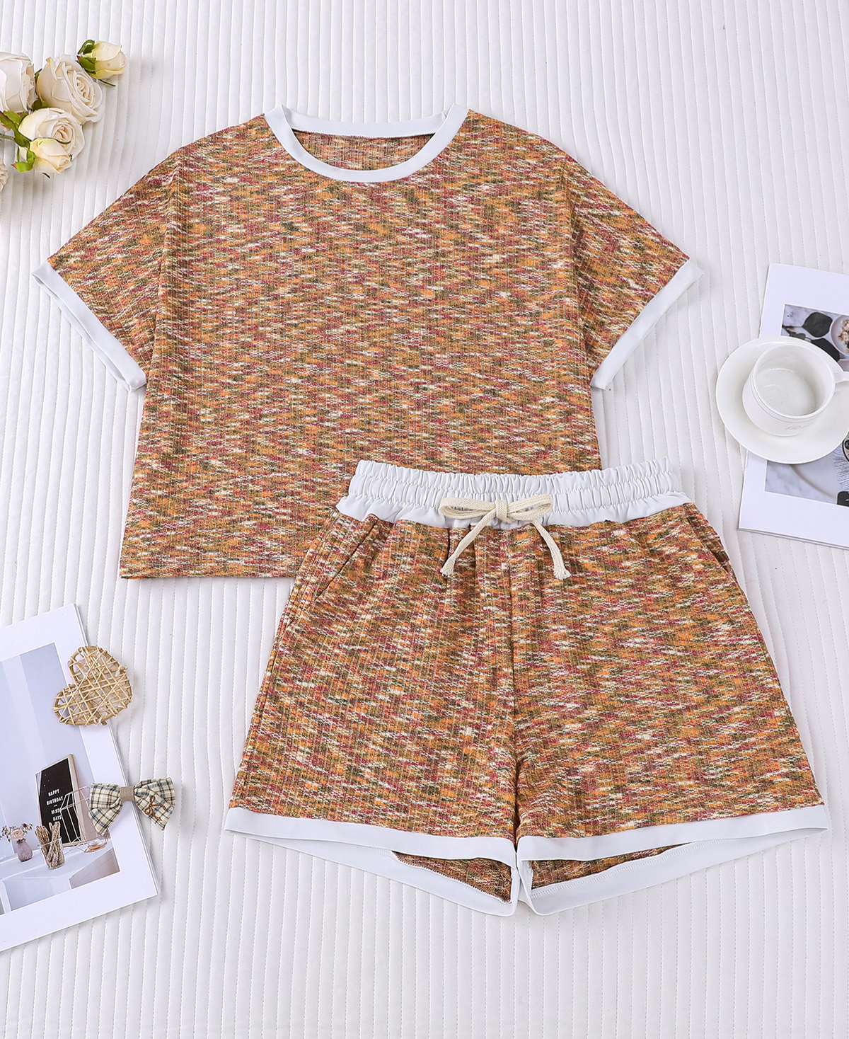 Space Dye Crop Tee And Shorts Set - Brown