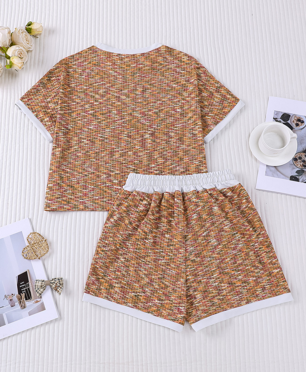 Space Dye Crop Tee And Shorts Set - Brown - 4