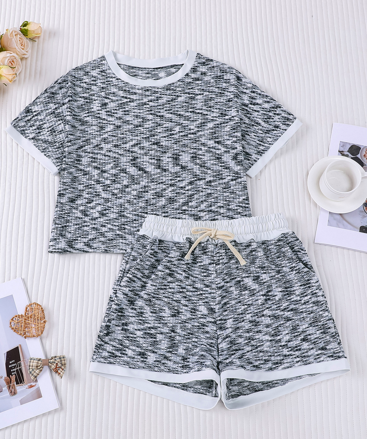 Space Dye Crop Tee And Shorts Set - Grey