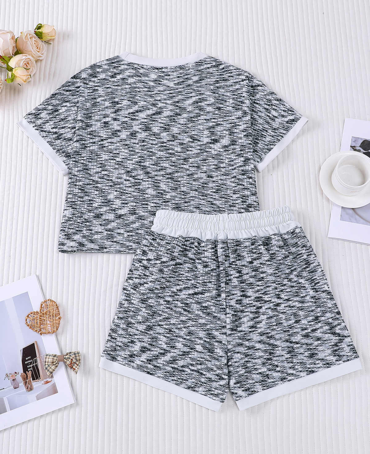 Space Dye Crop Tee And Shorts Set - Grey - 4