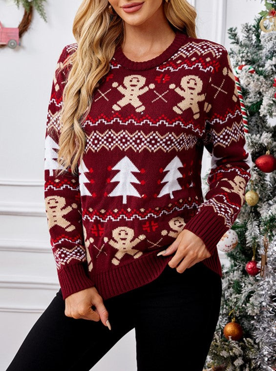 Gingerbread Fair Isle Crewneck Holiday Sweater - Winered