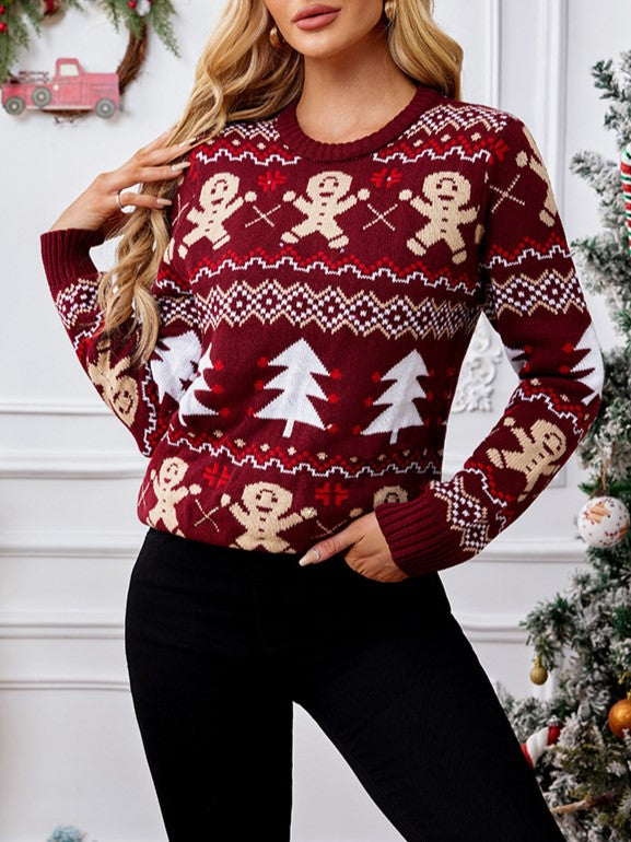 Gingerbread Fair Isle Crewneck Holiday Sweater - Winered - 3
