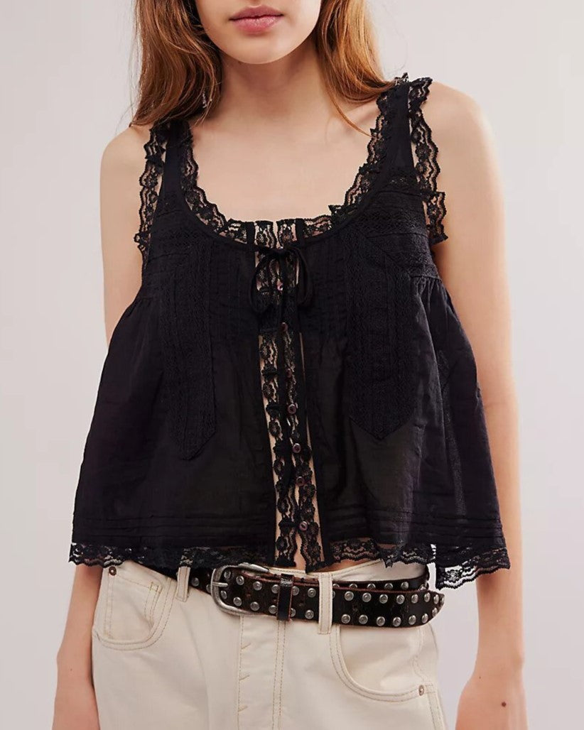 Lace Trim Button Front Boho Camisole - Black