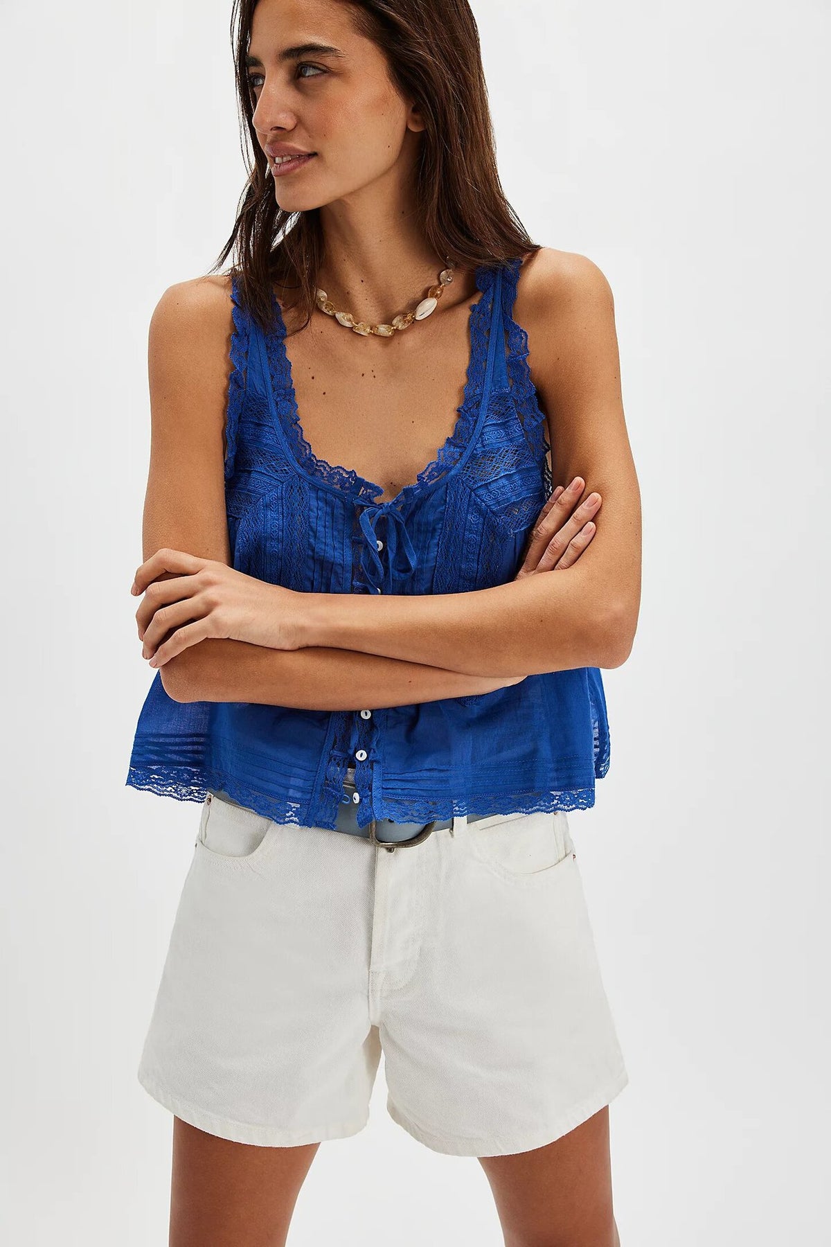 Lace Trim Button Front Boho Camisole - Blue