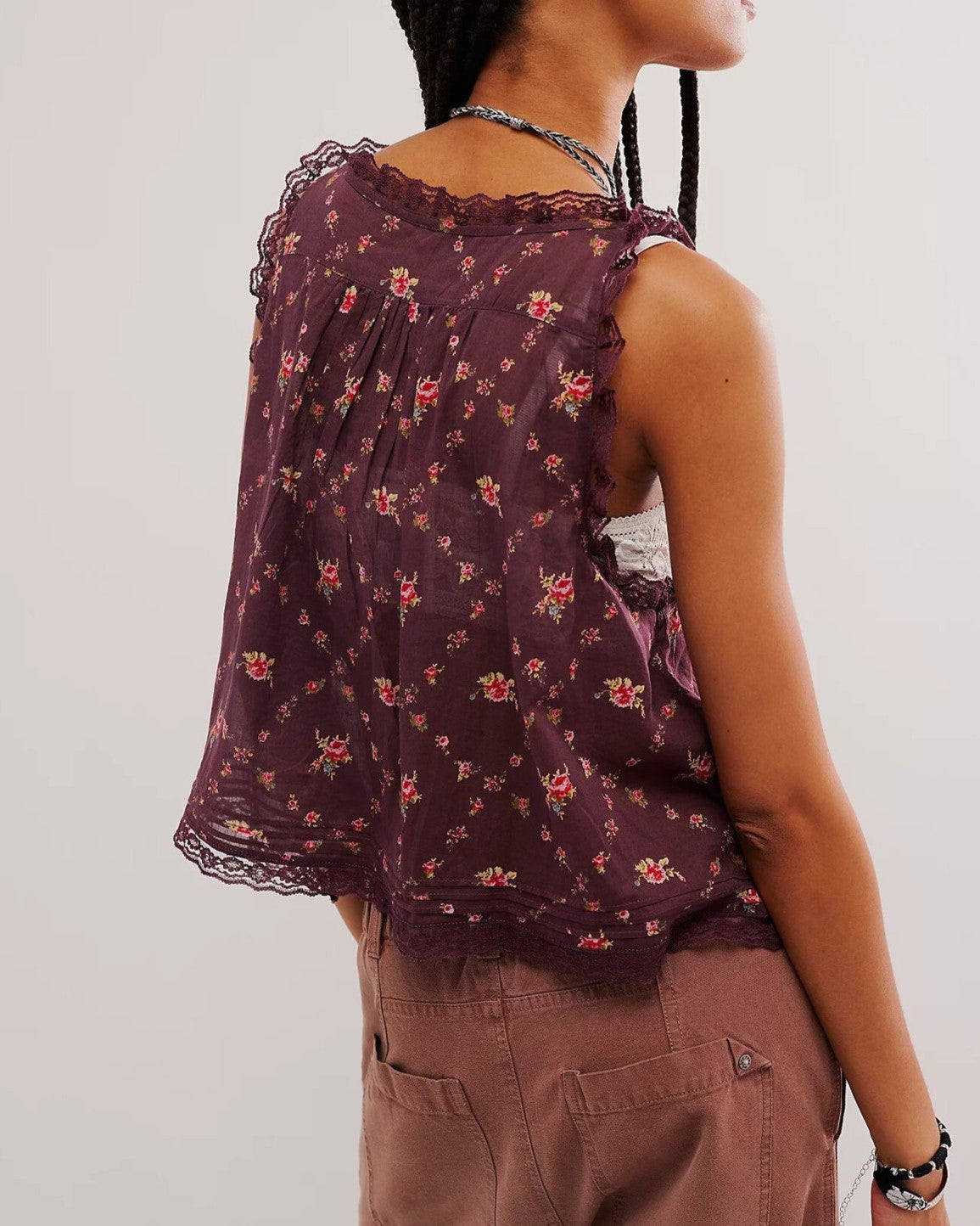 Lace Trim Button Front Boho Camisole - Coffee_F - 1