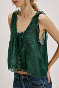 Lace Trim Button Front Boho Camisole - DkGreen