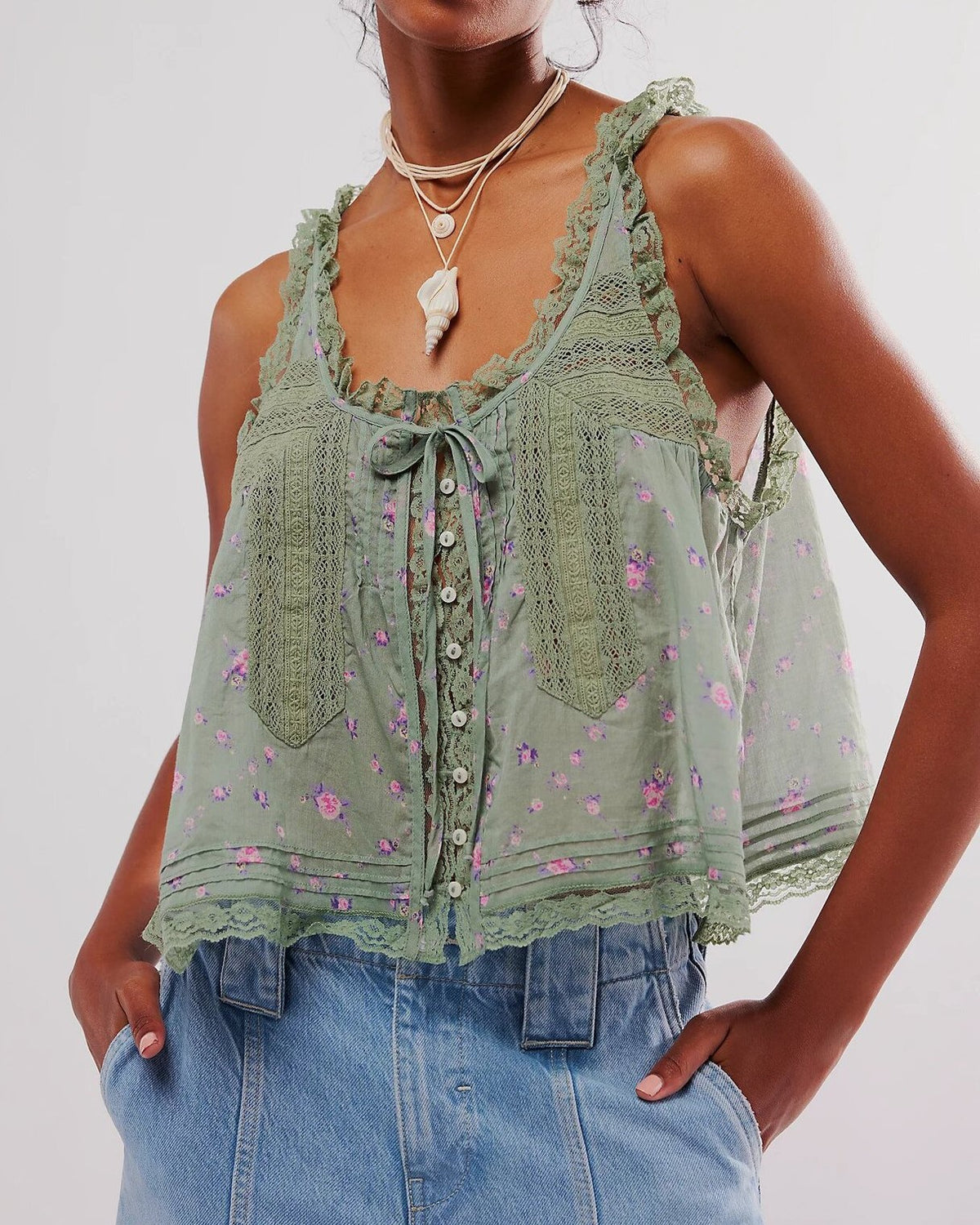 Lace Trim Button Front Boho Camisole - Green_F - 1