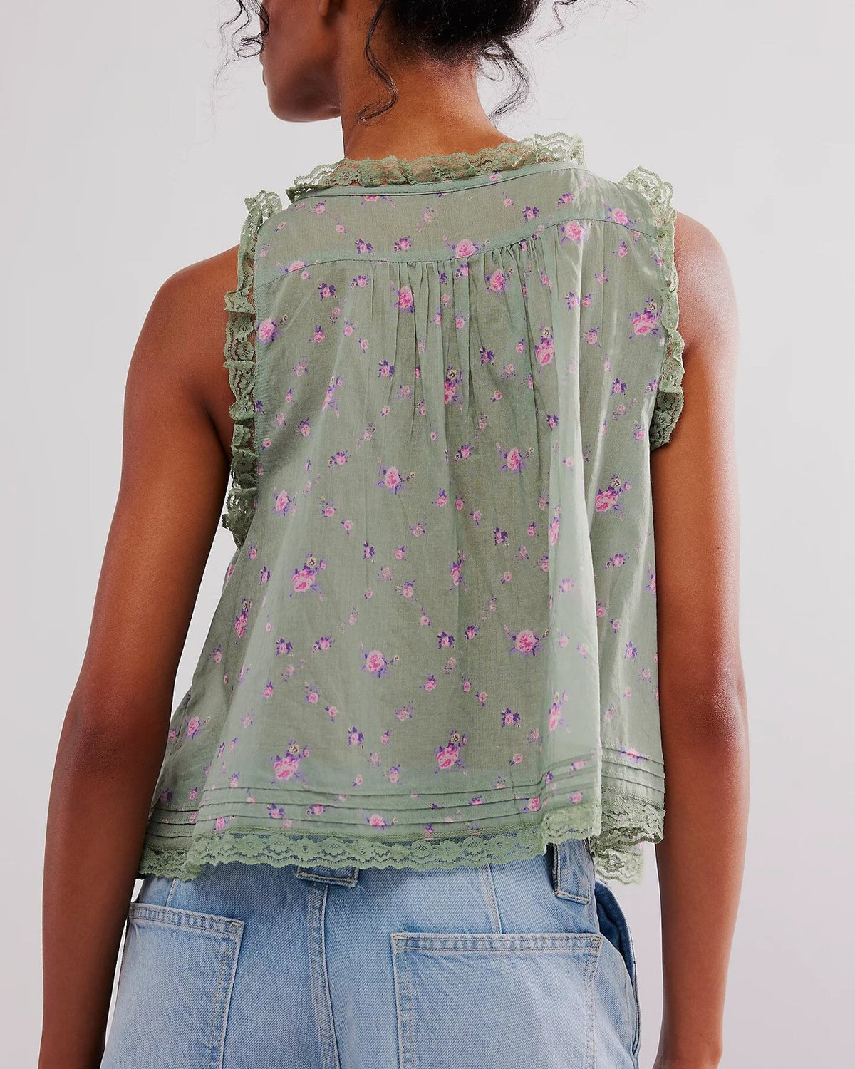 Lace Trim Button Front Boho Camisole - Green_F - 2