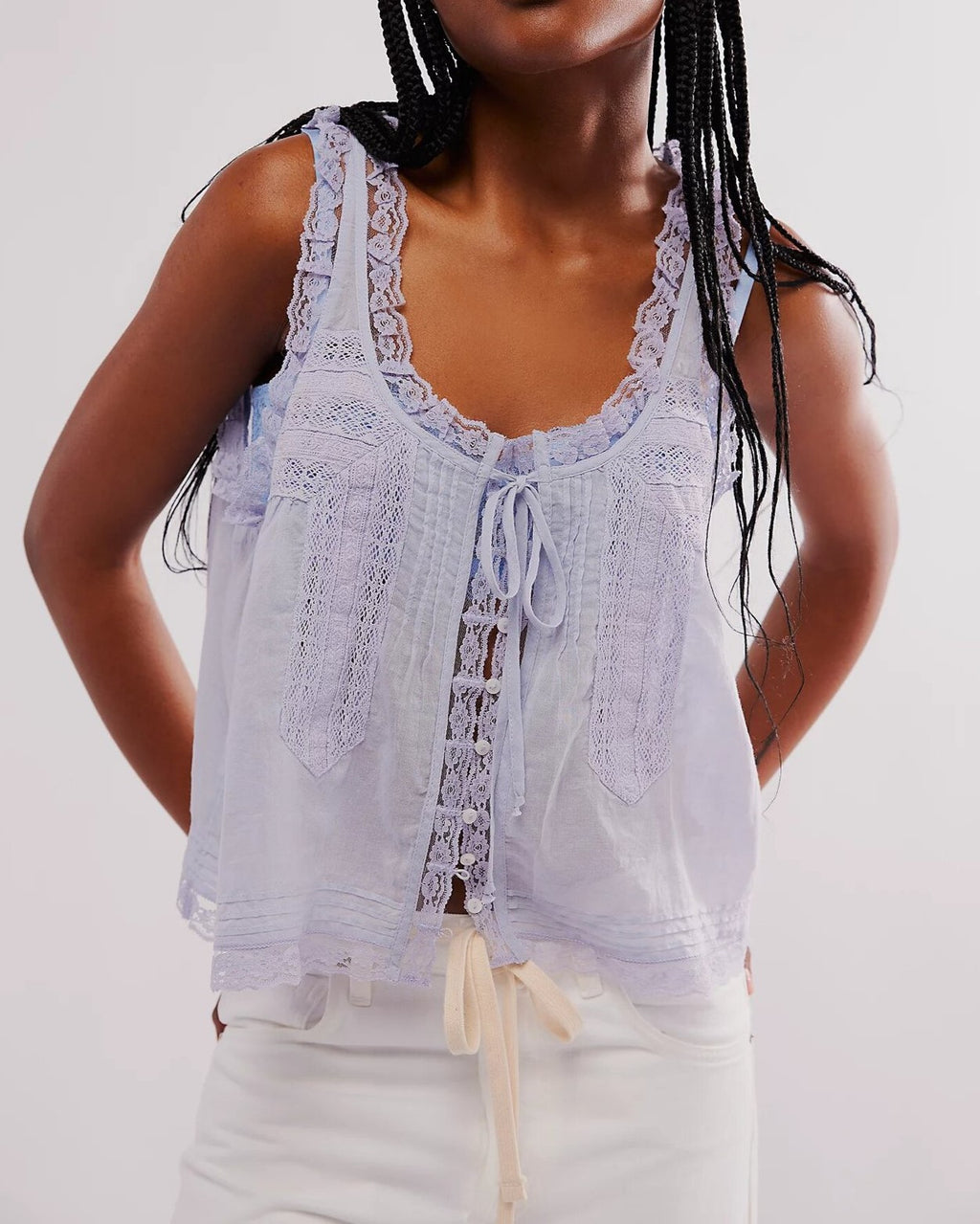 Lace Trim Button Front Boho Camisole - Lavender