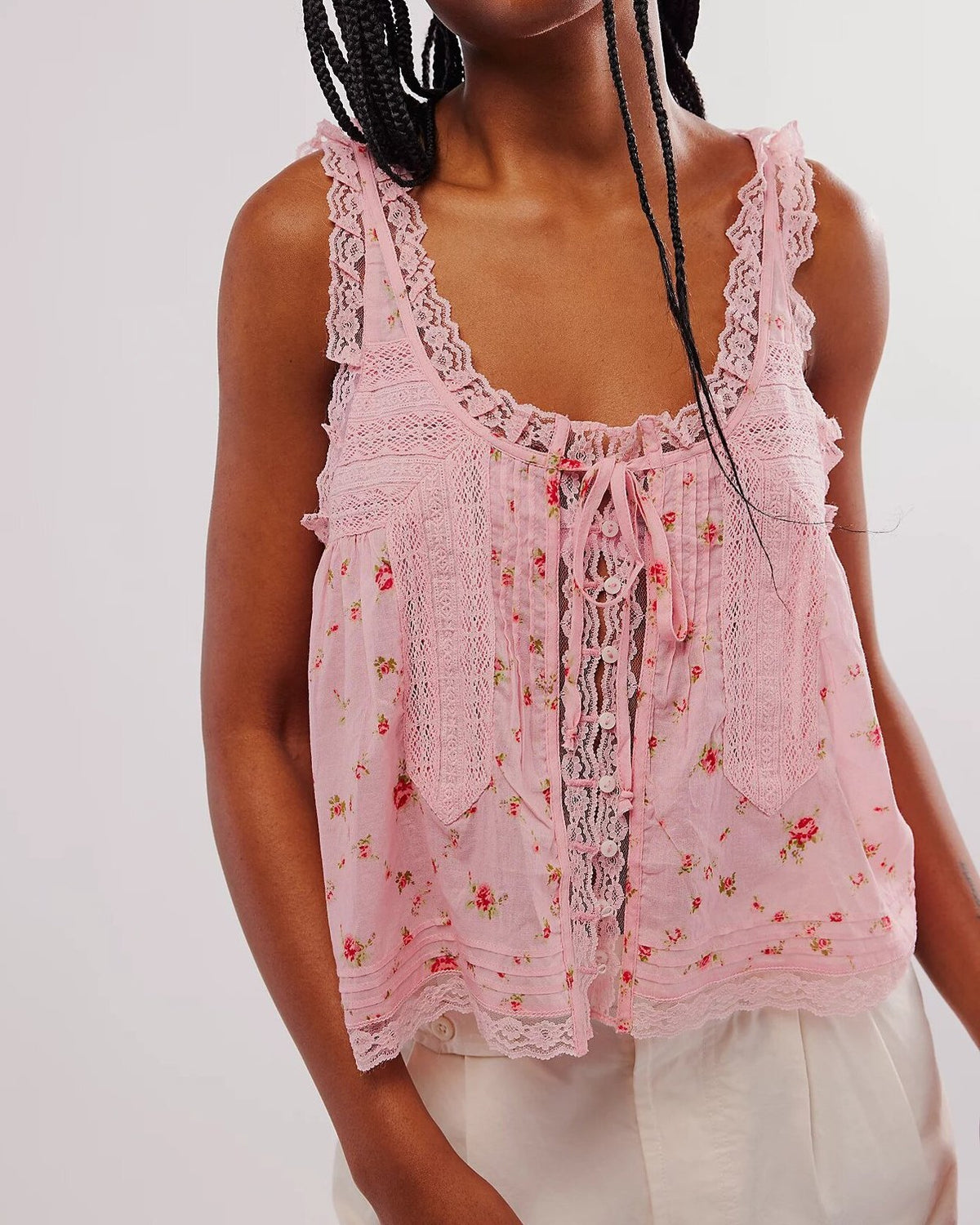 Lace Trim Button Front Boho Camisole - Pink_F