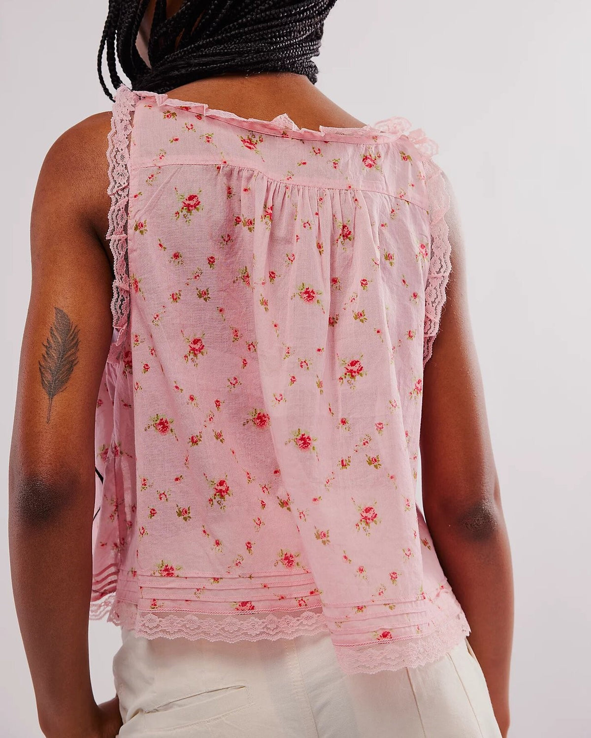 Lace Trim Button Front Boho Camisole - Pink_F - 1