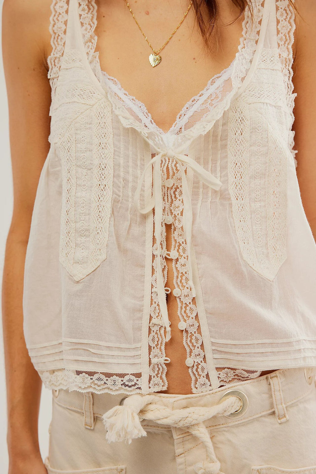 Lace Trim Button Front Boho Camisole - White - 1