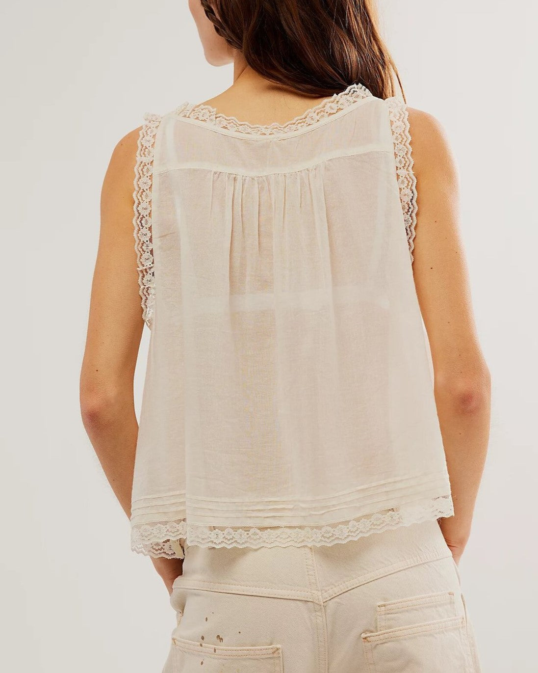 Lace Trim Button Front Boho Camisole - White - 2