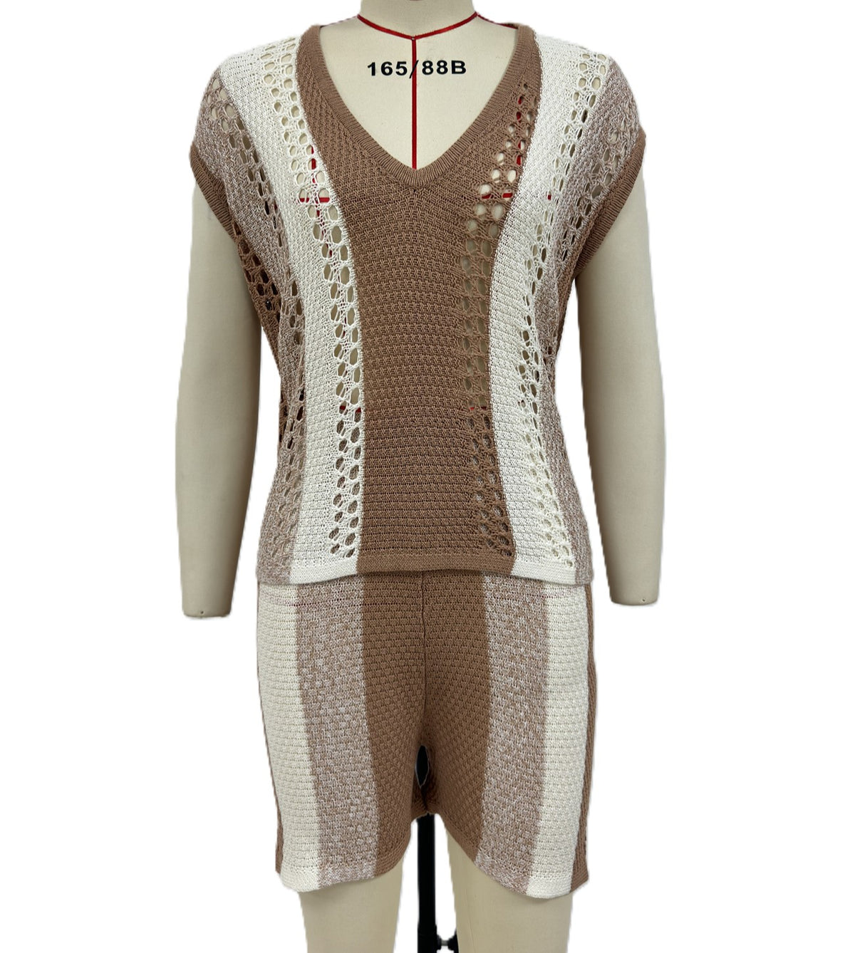 Crochet Knit Striped Top Shorts Set - Khaki - 1