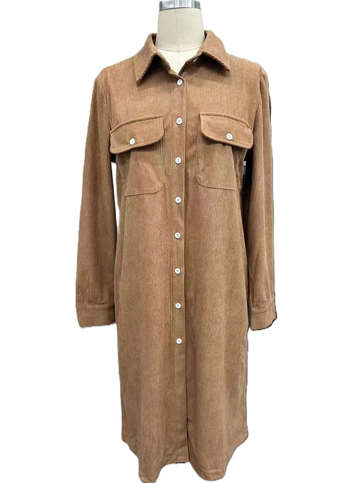 Corduroy Utility Pocket Midi Shirt Dress - Brown