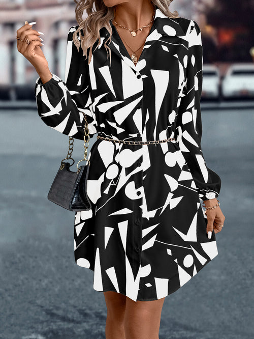 Abstract Geometric Print Tie Waist Mini Dress - black