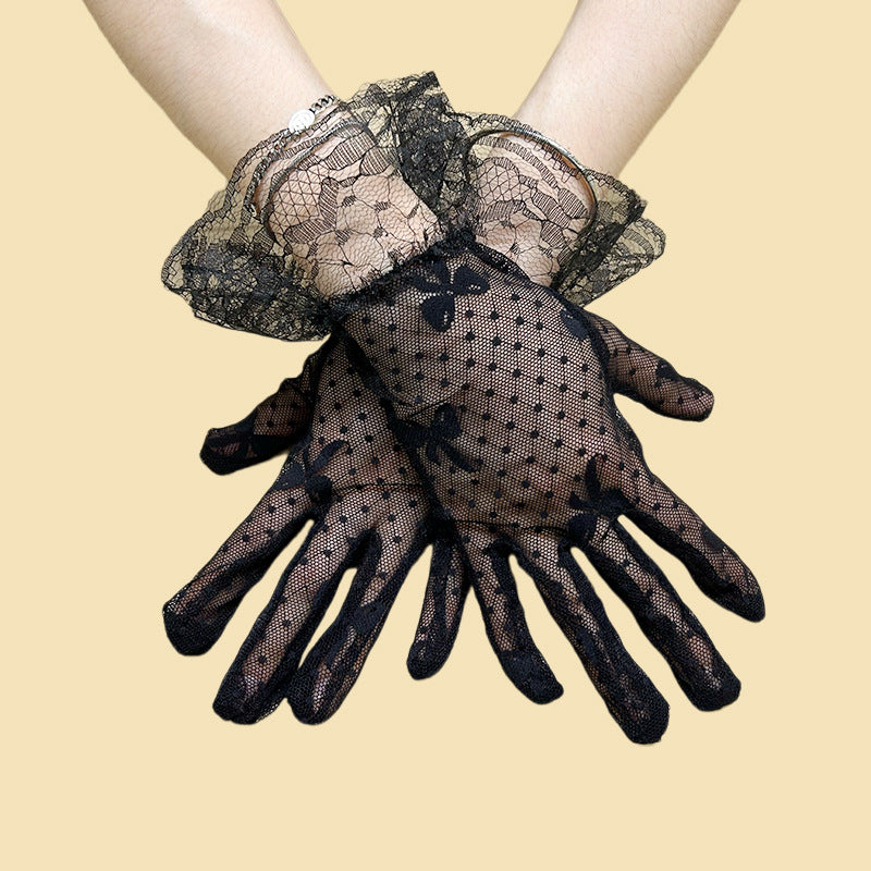 Sheer Dot Mesh Ruffle Bow Gloves - Black