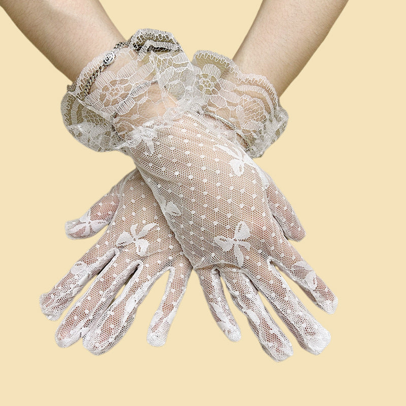 Sheer Dot Mesh Ruffle Bow Gloves - White