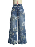 Wide Leg Denim Trousers With Floral Print - Blue