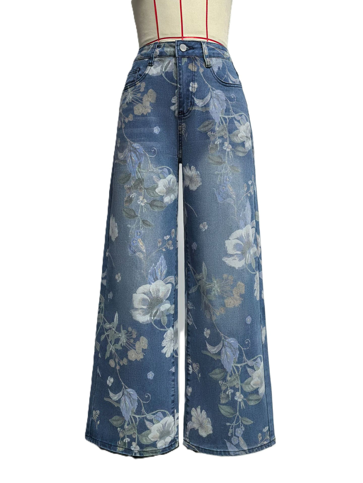 Wide Leg Denim Trousers With Floral Print - Blue