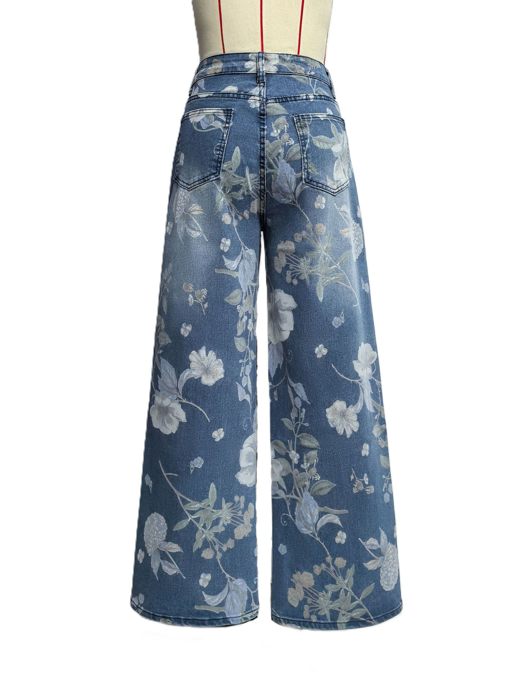 Wide Leg Denim Trousers With Floral Print - Blue - 1