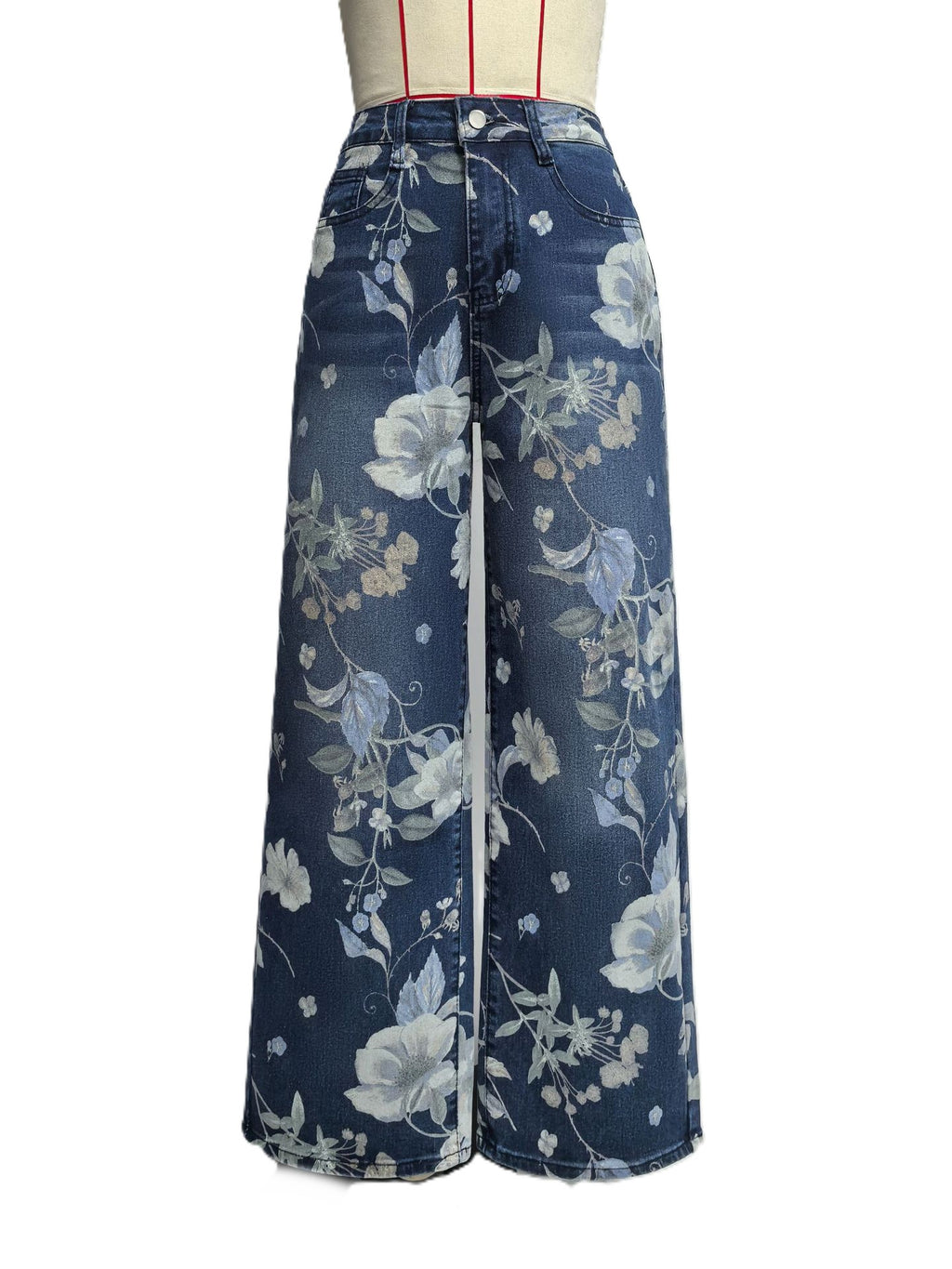 Wide Leg Denim Trousers With Floral Print - DarkBlue