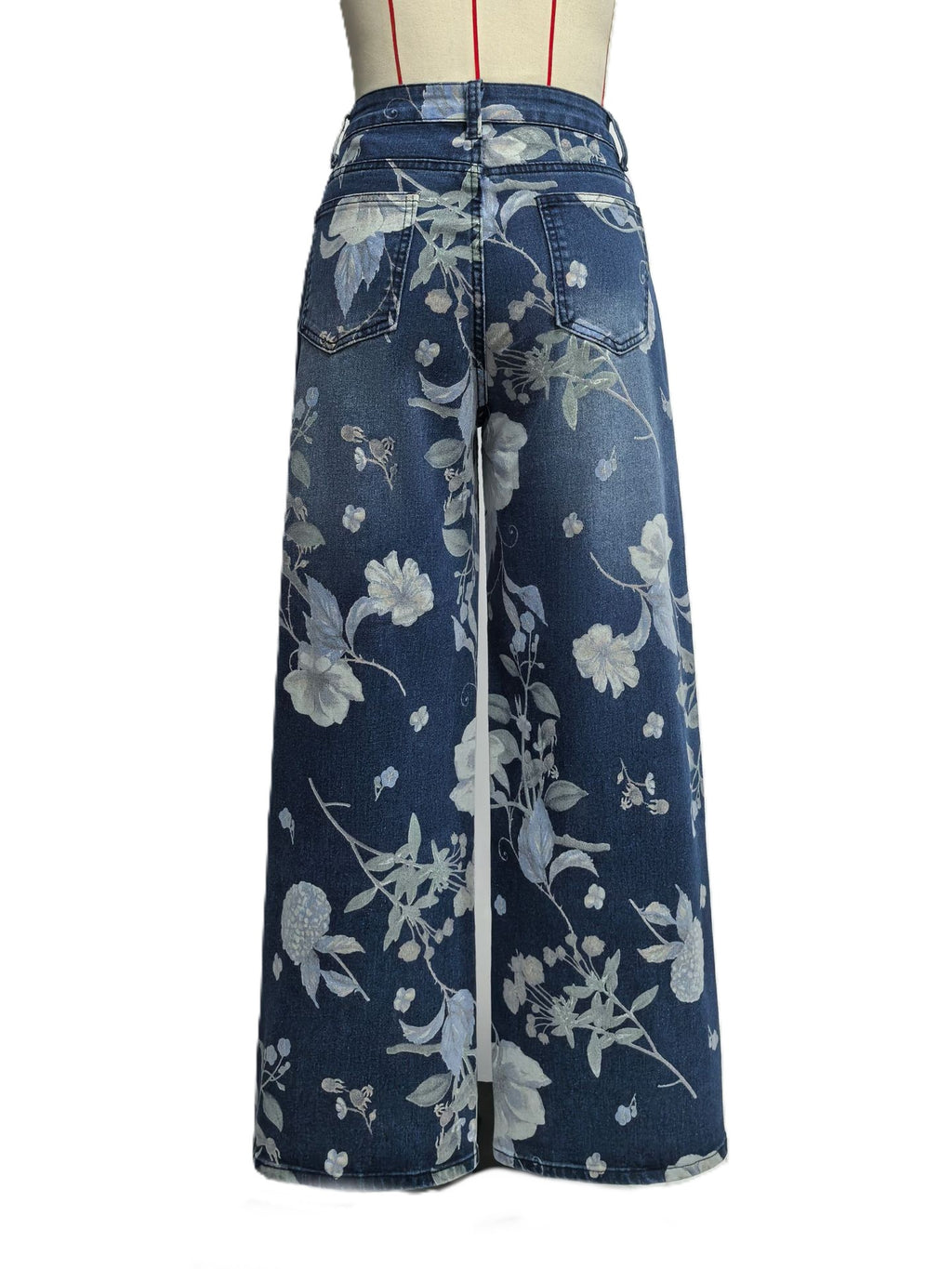 Wide Leg Denim Trousers With Floral Print - DarkBlue - 1