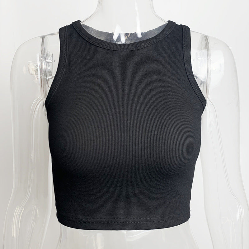 Ribbed Racer Neck Crop Tank Top - Black - 2
