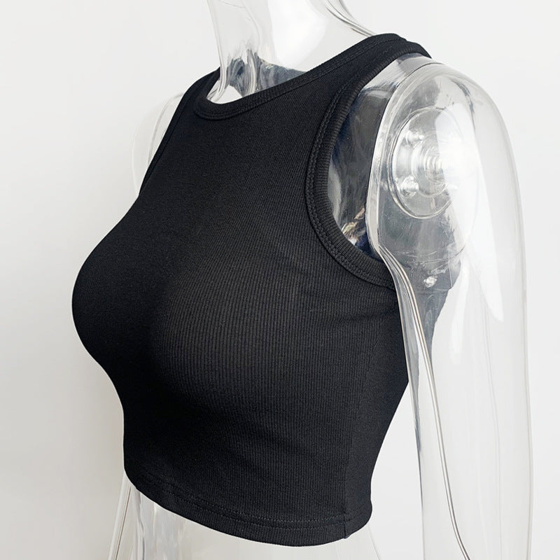 Ribbed Racer Neck Crop Tank Top - Black - 3