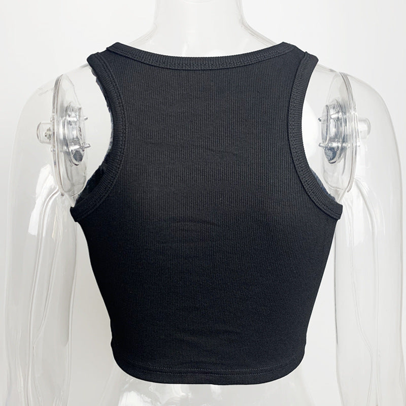 Ribbed Racer Neck Crop Tank Top - Black - 4
