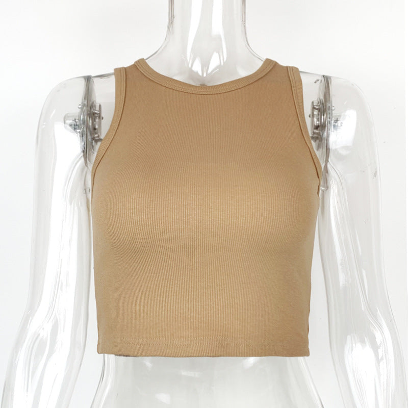 Ribbed Racer Neck Crop Tank Top - Camel - 5