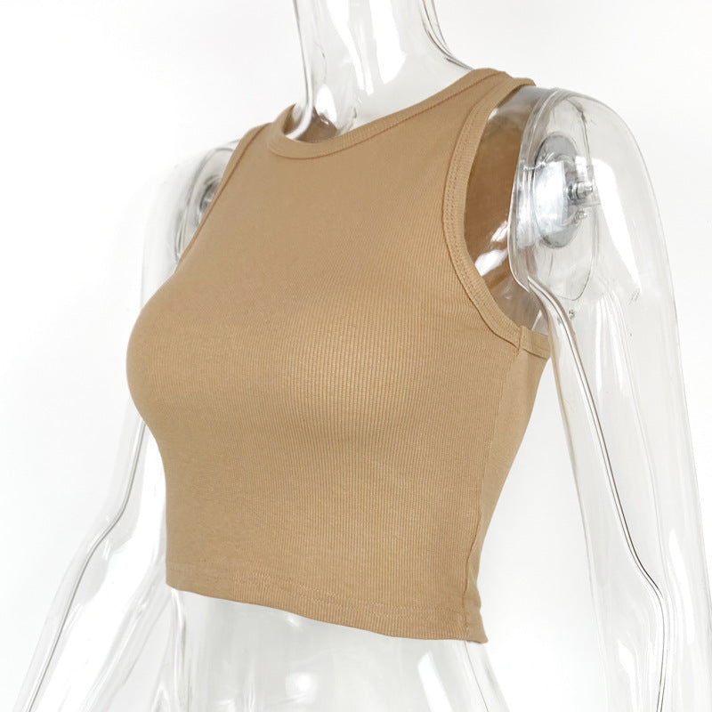 Ribbed Racer Neck Crop Tank Top - Camel - 6