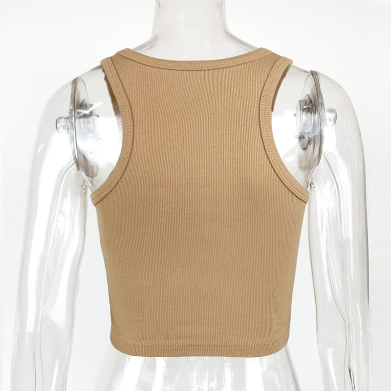 Ribbed Racer Neck Crop Tank Top - Camel - 7